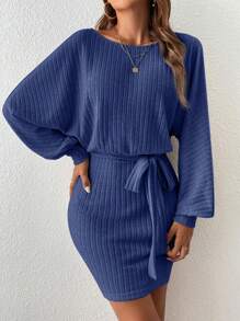 SHEIN Frenchy 圓領純色腰帶羅紋毛衣連身裙 - 藍色 - 查看 3