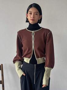 FRIFUL Round Neck Color Block Cardigan - Coffee Brown - View 7