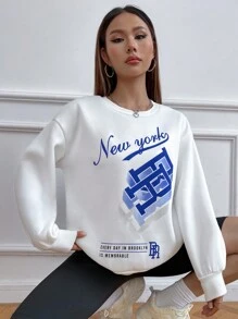 SHEIN Unity Tiếng Anh In thư Vòng cổ Áo nỉ - trắng - Xem 5