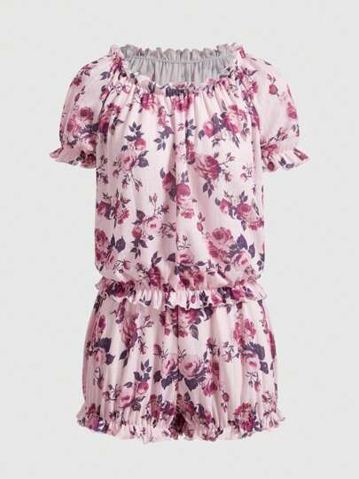 Sweetness Floral Print Pajama Set With Ruffle Hem Details