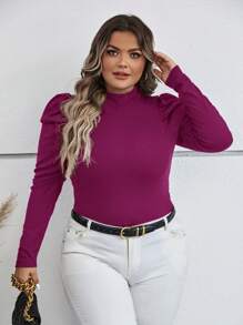 SHEIN Clasi Plus Size Solid Color Leg Of Mutton Sleeve Half Turtle Neck T-Shirt - Red Violet - View 5