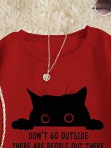 SHEIN Unity 大尺碼女貓標語印花抓絨運動衫 - 紅色 - 查看 6