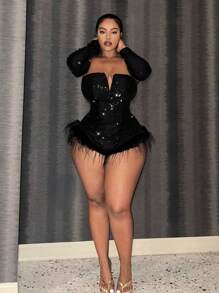 Slaydiva 大尺碼女士閃閃發亮的絨毛織邊露肩連體衣