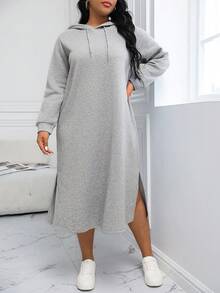 Calvaya 大码休闲抽绳连帽侧开衩抓绒卫衣，秋冬款 - 灰色 - 查看 3