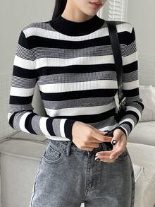 DAZY Đứng cổ áo Sọc Textured Giải trí Áo len - Đen và trắng - Xem 7