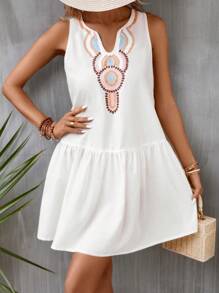Breezaya Geo Print Notched Neckline Ruffle Hem Smock Dress - White - View 3