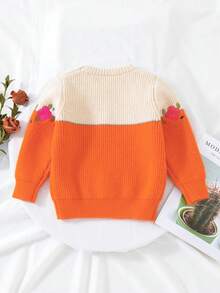 SHEIN 小女孩可愛甜美休閒加厚花刺繡毛衣 - 橘色 - 查看 2