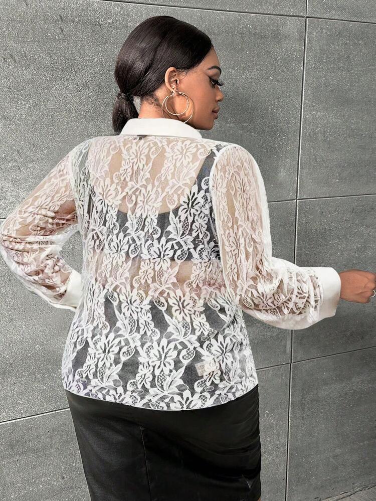 Women's Plus Size Lace Detail Button Front Shirt With Patch Pockets