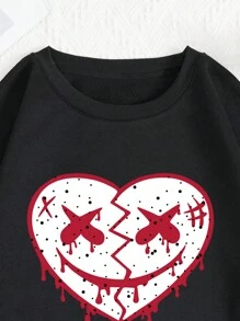 SHEIN EZwear Women's Plus Size Loose Fit Heart & Letter Pattern Drop Shoulder Sweatshirt - Black - View 4