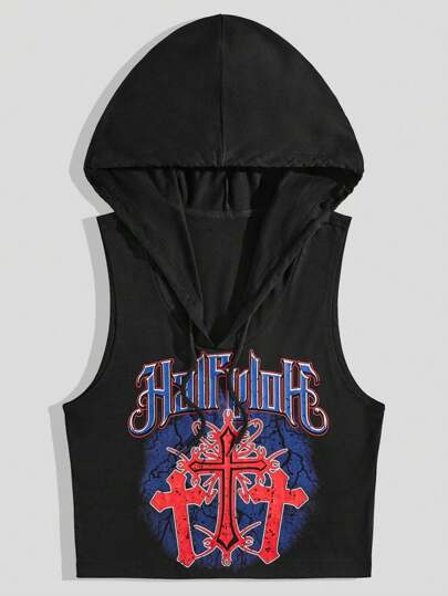 Grunge Punk Débardeur À Capuche Avec Cordon De Serrage Imprimé Croix Et Lettres Pour Hommes