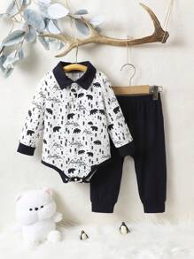 Em bé Con trai Giải trí Núi & Gấu In Tay áo dài Và Quần Bộ , Mặc hàng ngày Đối với Mùa Thu /đông - Xanh đậm - Xem 1