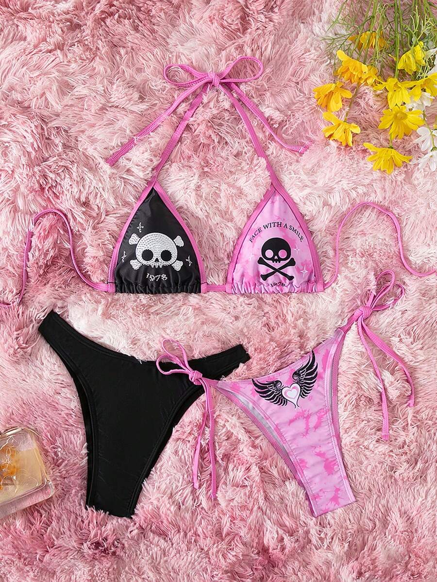 Swim EVENT Summer Beach Ladies' Halterneck Bikini Set With Skull Print, Halloween - Multicolor - View 1