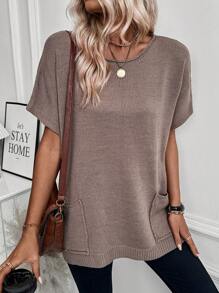 SHEIN Essnce Batwing Sleeve Loose Fit Sweater With Patch Pocket - Mocha Brown - View 4