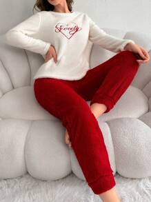 字母刺绣法兰绒上衣和裤子家居服套装，圣诞节