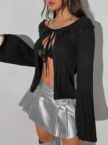 Allurite Women'S Flared Sleeve Open Front Knot Cardigan - Black - View 3