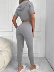 EURMUSE Rhinestone Heart Pattern Hooded Tee & Sweatpants - Grey - View 2