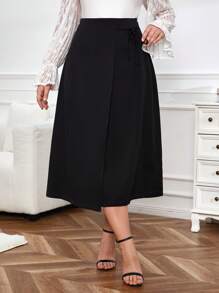 SHEIN Privé Women's Plus Size Solid Color Wrap Skirt With Belt - Black - View 3