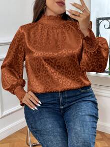 SHEIN Privé Plus Size Leopard Jacquard Half Turtleneck Shirt - Brown - View 4