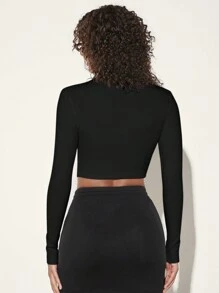 SHEIN BASICS 女修身立領長袖 T 卹 - 黑色 - 查看 2