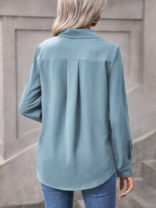SHEIN LUNE Solid Color Long Sleeve Casual Shirt - Baby Blue - View 2