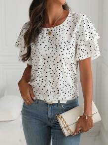 EMERY ROSE Women's Polka Dot Printed Short Sleeve Shirt - White - View 6
