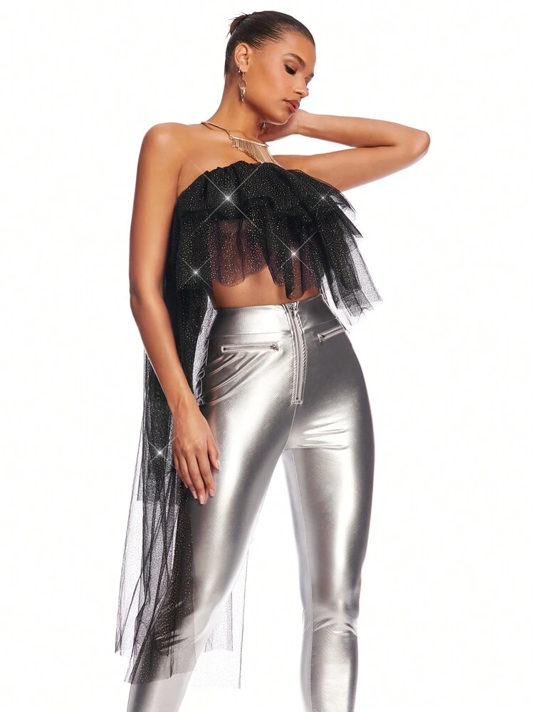 Women's Shiny Mesh Strapless Top With Asymmetrical Hem