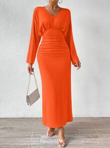 Chiquease 女士純色v領收身連衣裙,有褶皺設計 - 橘色 - 查看 5