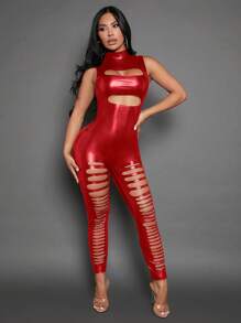 SHEIN SXY Của phụ nữ Đứng cổ áo Cắt dán Quần áo nịt - Đỏ - Xem 1