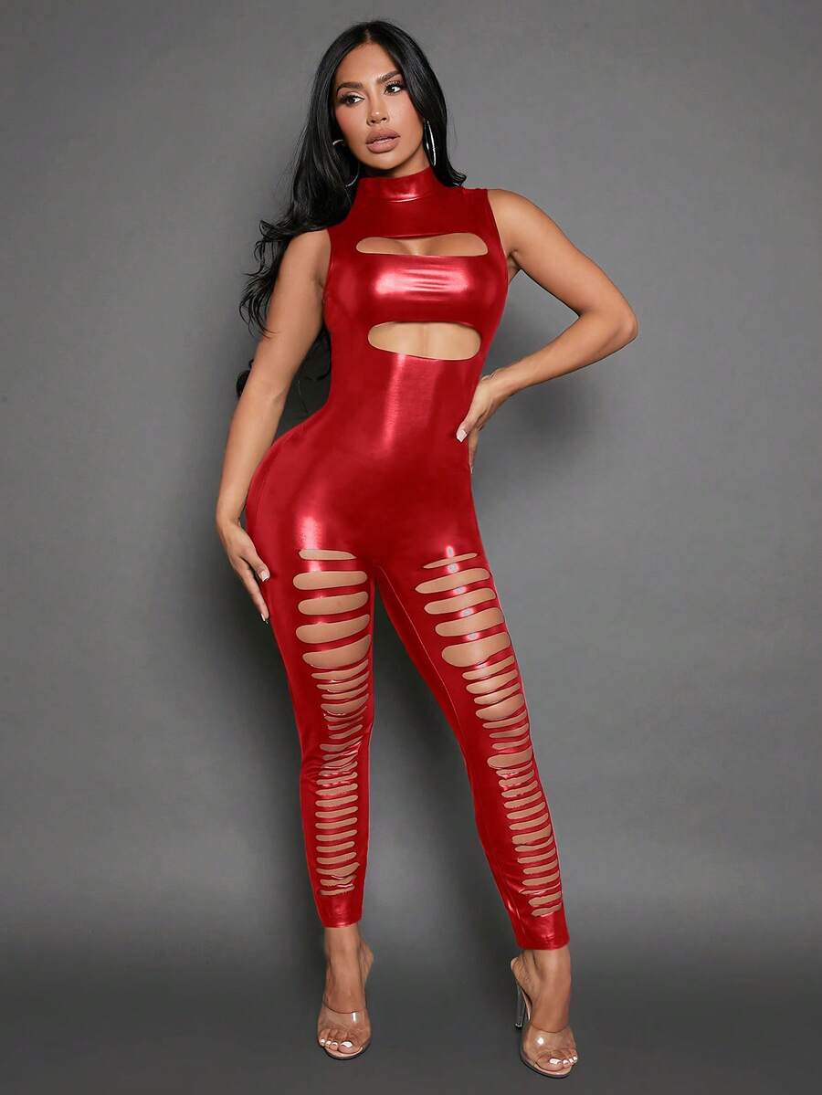 SHEIN SXY Của phụ nữ Đứng cổ áo Cắt dán Quần áo nịt - Đỏ - Xem 1