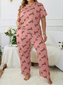 Plus Size Women Heart Letter Pattern Top & Pants Pajama Set - Coral Pink - View 5