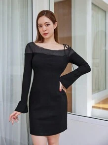 DAZY Solid Asymmetrical Neck Lace Trim Bodycon Dress,Casual Women Dresses,Fall Dress - Black - View 9