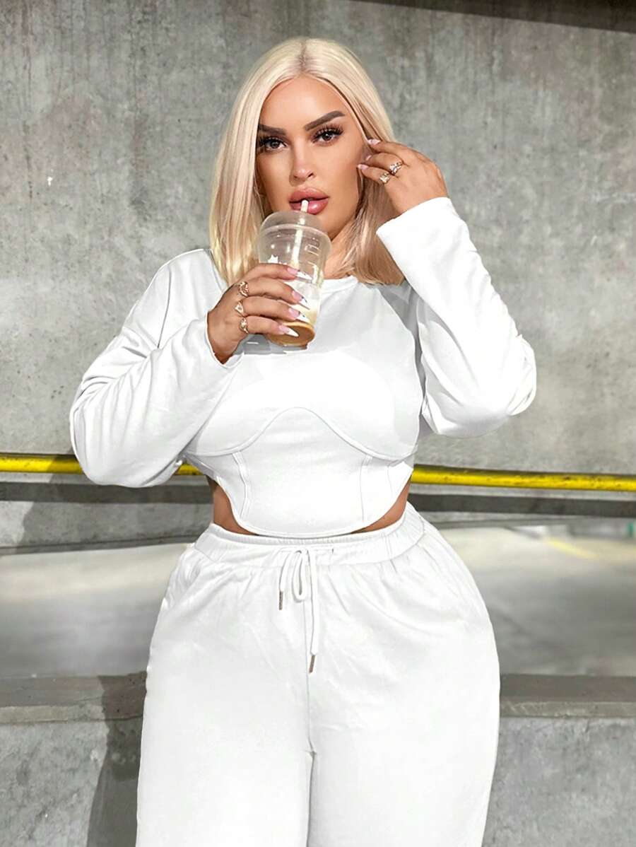 SHEIN SXY Áo nỉ viền bất đối xứng cắt cúp cỡ lớn dành cho nữ - trắng - Xem 1