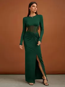 SHEIN Tall 網眼和高開襠設計長袖連衣裙 - 墨綠色 - 查看 4