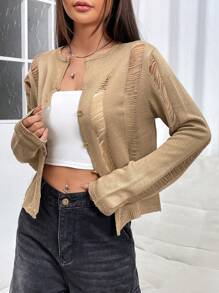SHEIN Unity Ladies' Solid Color Distressed Casual Cardigan - Khaki - View 6
