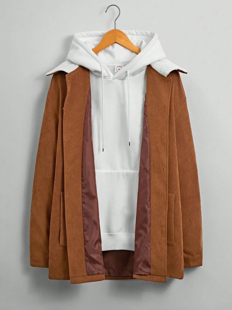 Oversized Men's Contrast Collar Corduroy Shacket With Button Closure