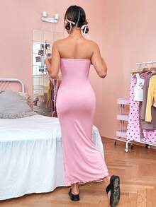 SHEIN EZwear Vestido De Sirena Ajustado De Color Liso Para Mujer - Rosa - Ver 2