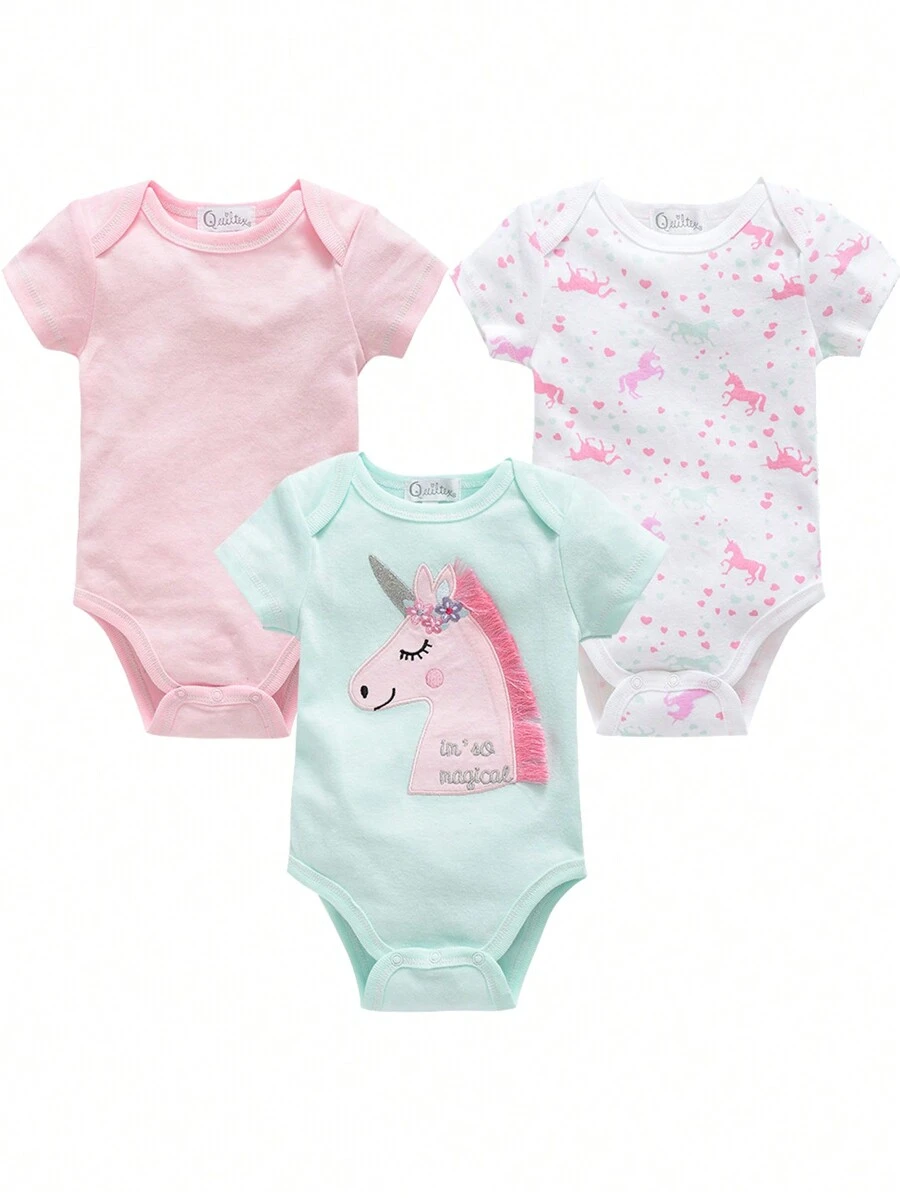 Baby Girl Summer Short Sleeve Unicorn Print Bodysuit - Multicolor - View 1