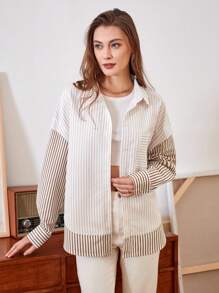 Anewsta Ladies' Striped Contrast Color Drop Shoulder Shirt - Multicolor - View 3