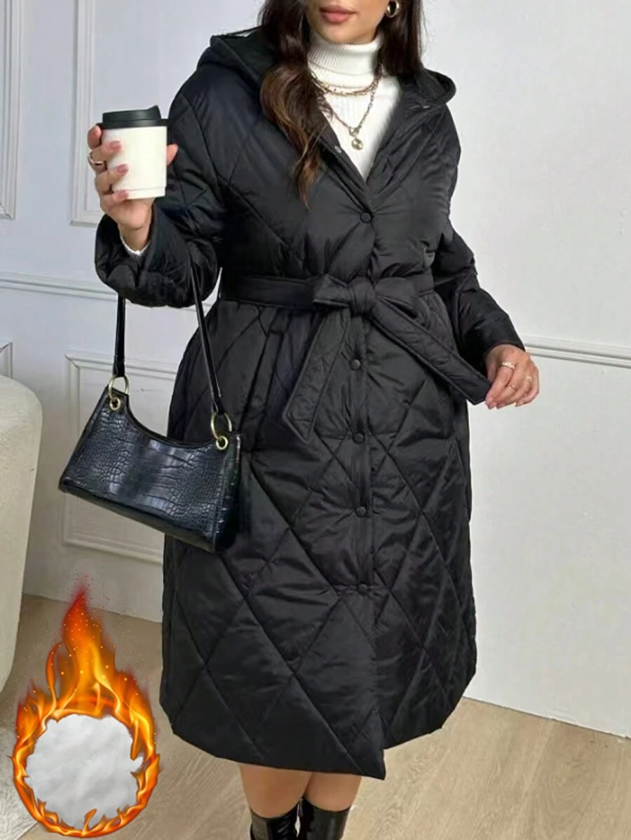 SHEIN LUNE 加大纯色连帽系带绗缝加厚外套衣服冬季 - 黑色 - 查看 1