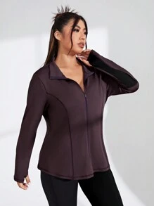 Rhythm Era Plus Size Zipper Front Sports Jacket - Coffee Brown - View 4