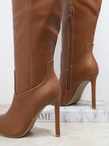 SHUZIA 女士棕色尖頭高跟高筒靴，適合日常外出、聚會和聚會 - 棕色 - 查看 4