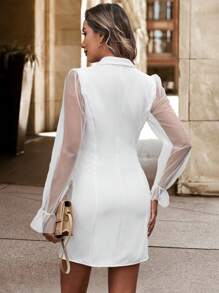 SHEIN Clasi Của phụ nữ Lưới Tay áo xù Nhọn Cổ bẻ Đầm - trắng - Xem 2
