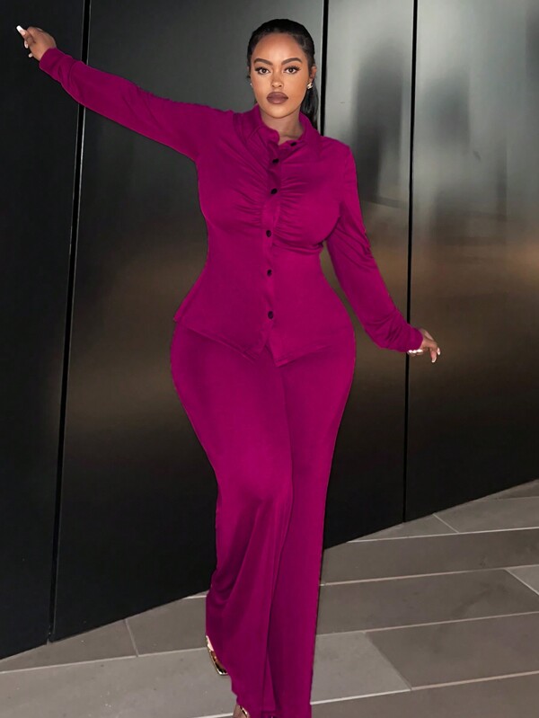 Slaydiva Elegant Plus-Size Women's 2pcs/Set Stretchy Knit Swimsuit Fabric Slim Fit Suit In Rose Red, Consisting Of A Pleat Neck Blouse And Long Pants