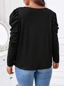 SHEIN Clasi Plus Cut Out Front Gigot Sleeve Keyhole Neckline Tee - Black - View 2