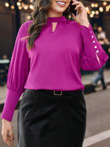 Celure Áo sơ mi trơn cỡ lớn dành cho nữ có cổ lỗ khóa và chi tiết cúc - Màu tím  Violet - Xem 1