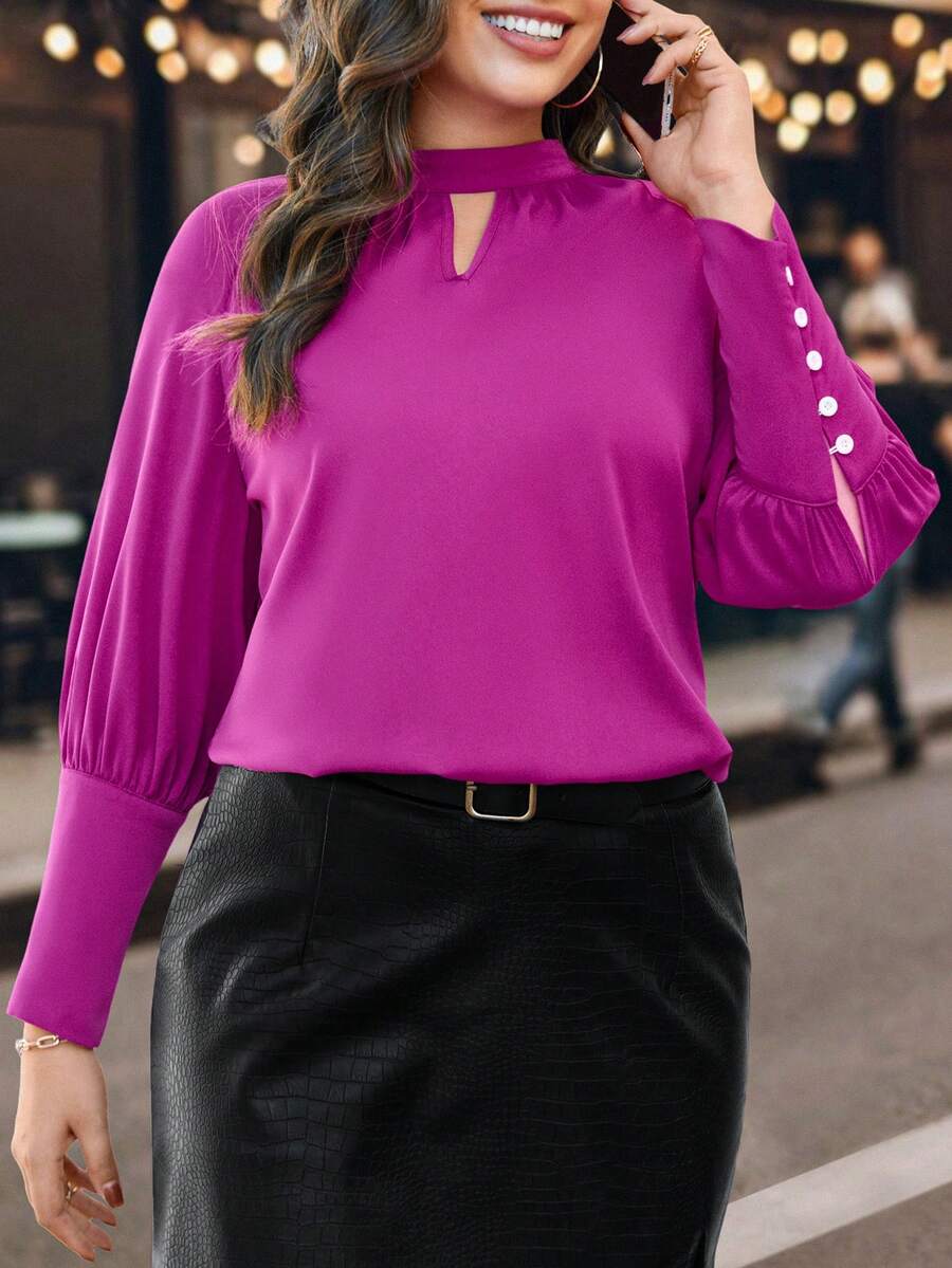 Celure Áo sơ mi trơn cỡ lớn dành cho nữ có cổ lỗ khóa và chi tiết cúc - Màu tím  Violet - Xem 1