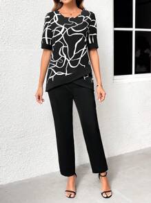 EMERY ROSE Woman's Asymmetrical Hem Round Neck Top And Trousers Two-Piece Set - Black and White - View 4