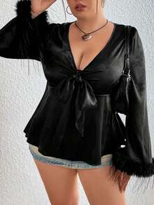 SHEIN ICON 大尺碼女用扭結提花襯衫 - 黑色 - 查看 6