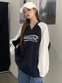 DAZY Women's Contrast Letter Print Raglan Sleeve Sweatshirt,Long Sleeve Tops,Fall Clothes - Navy Blue - View 4
