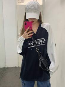 DAZY Women's Contrast Letter Print Raglan Sleeve Sweatshirt,Long Sleeve Tops,Fall Clothes - Navy Blue - View 2